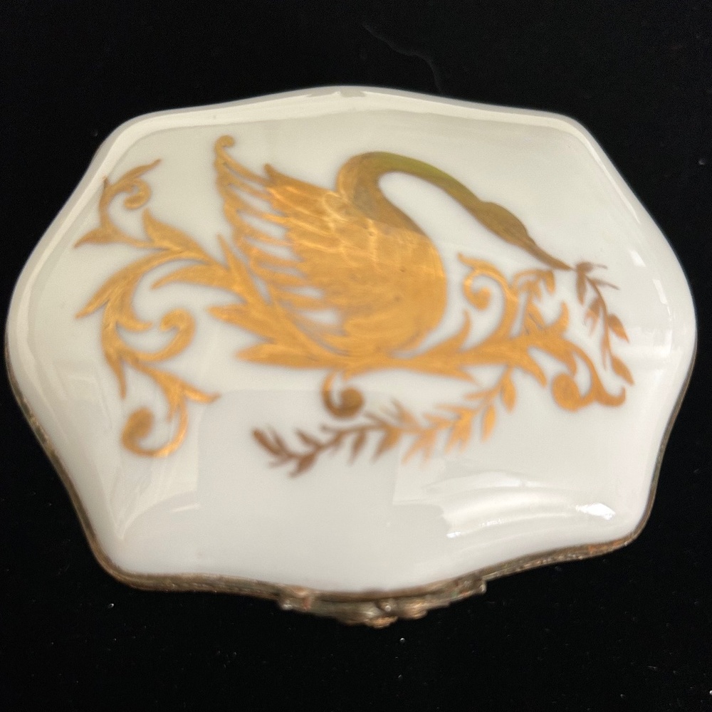 Vintage Limoges Porcelain Gilded Hinged Swan Trinket- Decorative Box